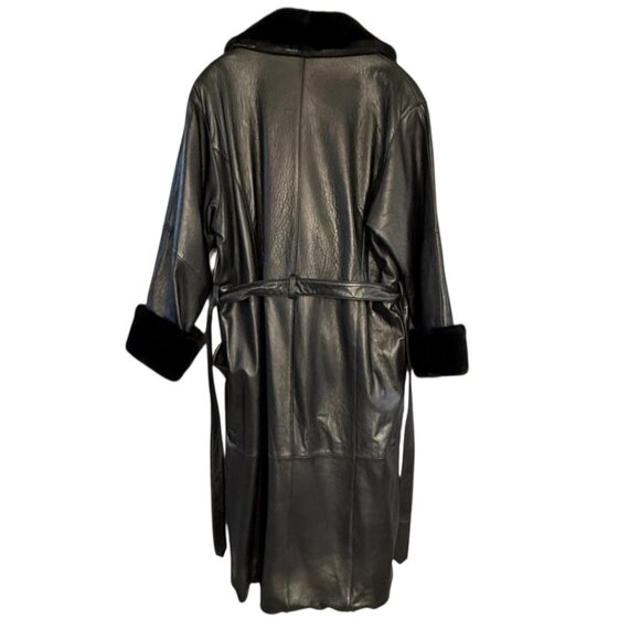 Vintage Laura Winston Size 16 Black Leather Trench Coat Faux Fur Trim EUC 90's - Picture 9 of 16